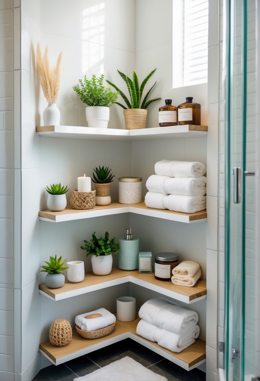 Small bathroom corner with compact shelving units holding plants, towels, candles, and bathroom essentials.
