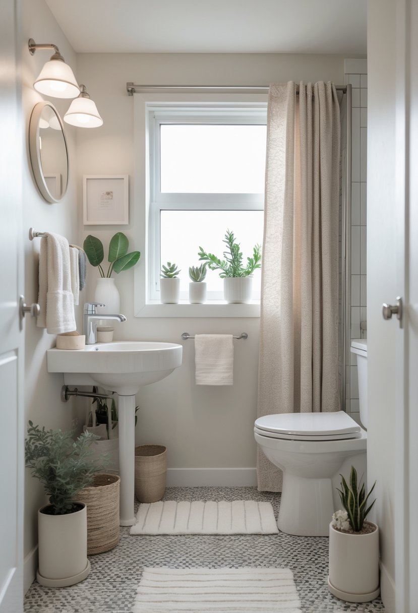 A small bathroom decorated with coordinated accessories, plants, towels, and toiletries in a single color palette, creating a neat and inviting space.