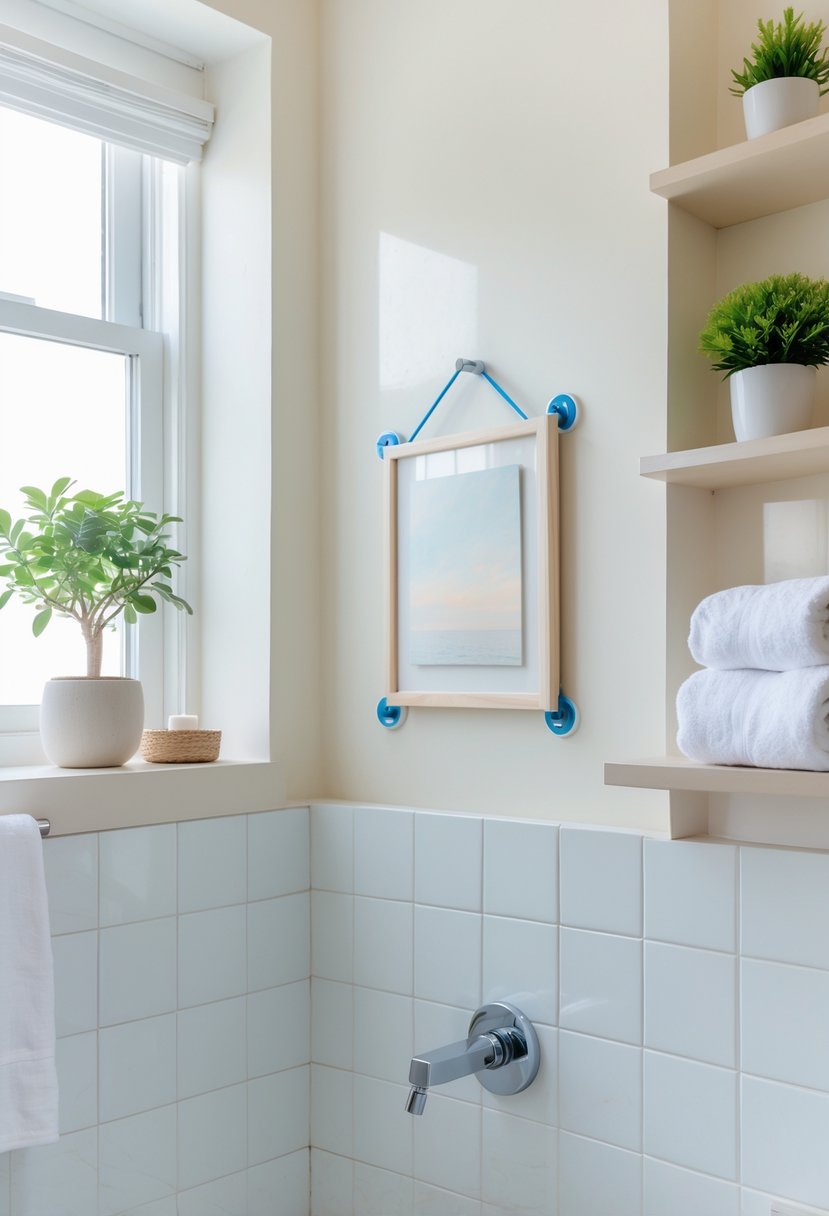 Small bathroom with a framed piece of art hung on the wall, a potted plant on a shelf, and neatly arranged towels and accessories.