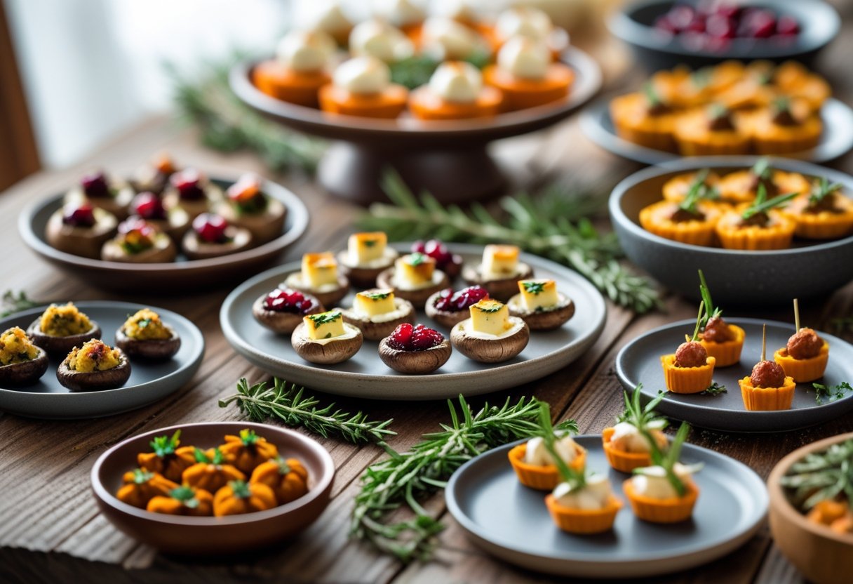 A table with a variety of Thanksgiving appetizer starters including stuffed mushrooms, cranberry and brie bites, mini pumpkin tarts, and roasted vegetable skewers garnished with fresh herbs.