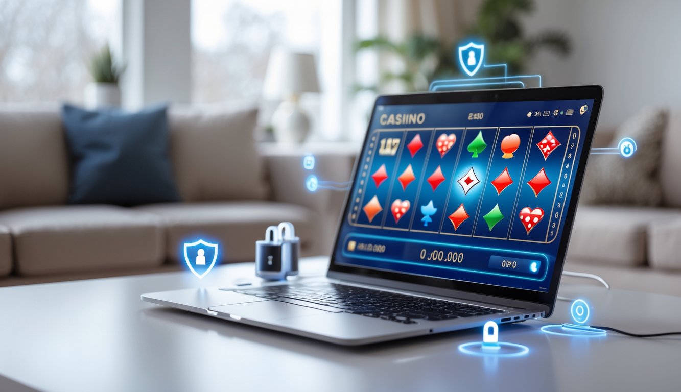 Sebuah laptop di meja menampilkan antarmuka kasino online dengan simbol mesin slot, kartu poker, dan roda roulette dalam ruangan kantor rumah yang nyaman.