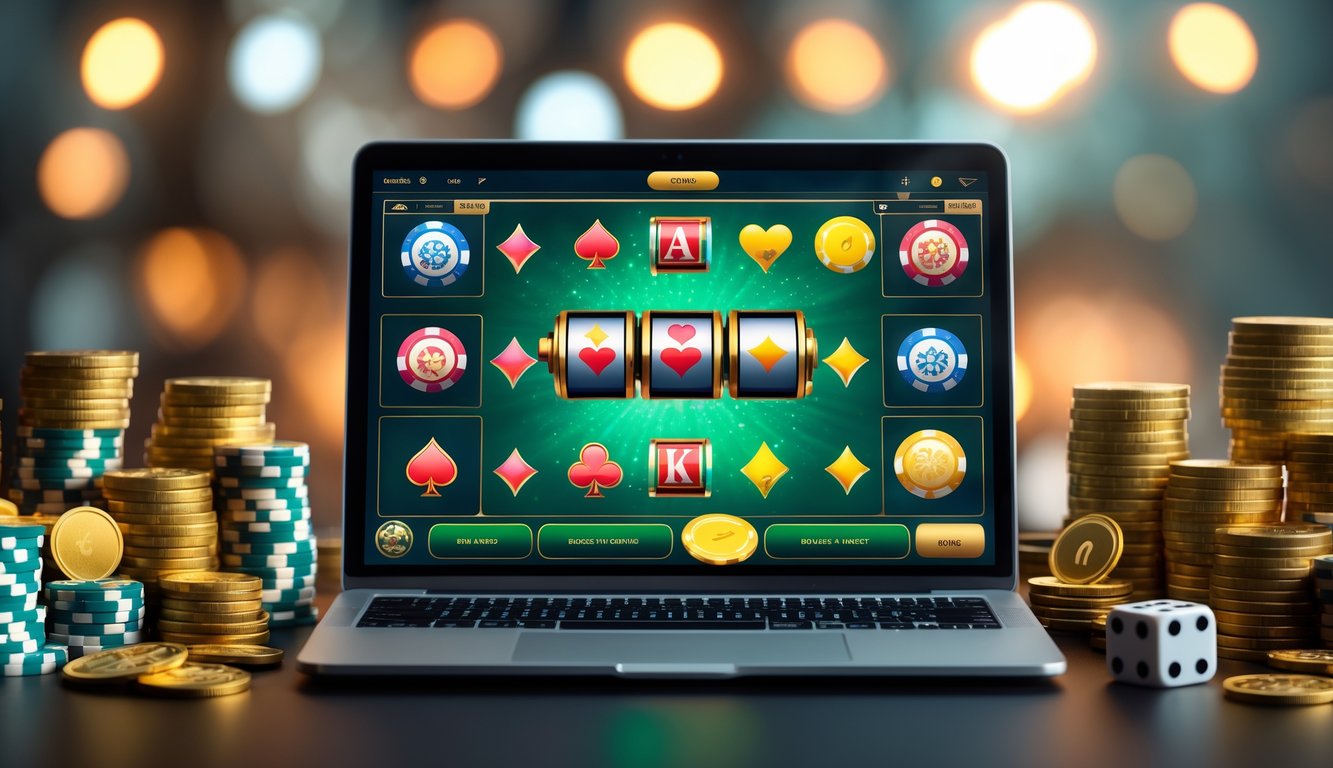 Sebuah laptop di atas meja menampilkan permainan kasino online dengan chip poker, koin emas, dan dadu di sekitarnya.