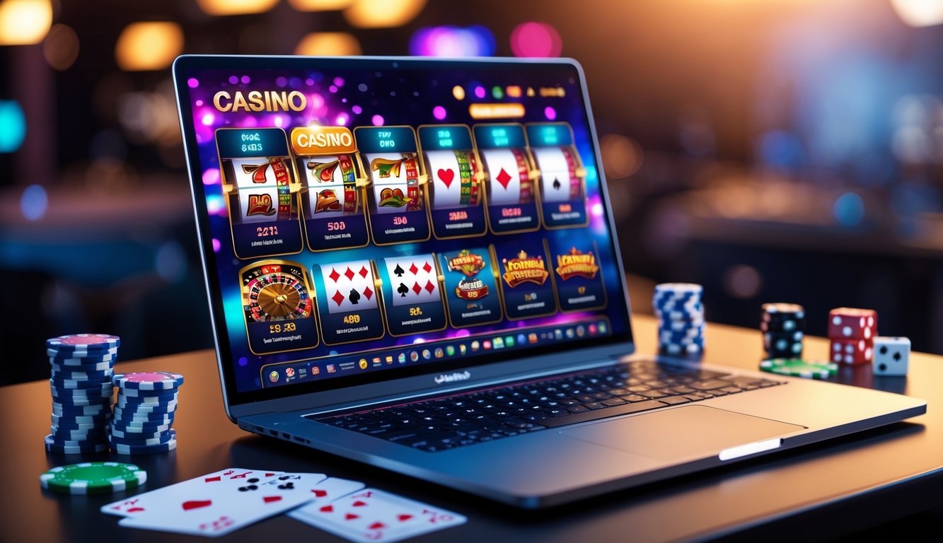 Sebuah komputer dengan layar menampilkan permainan kasino online populer, dikelilingi oleh chip poker, kartu remi, dan dadu di atas meja.