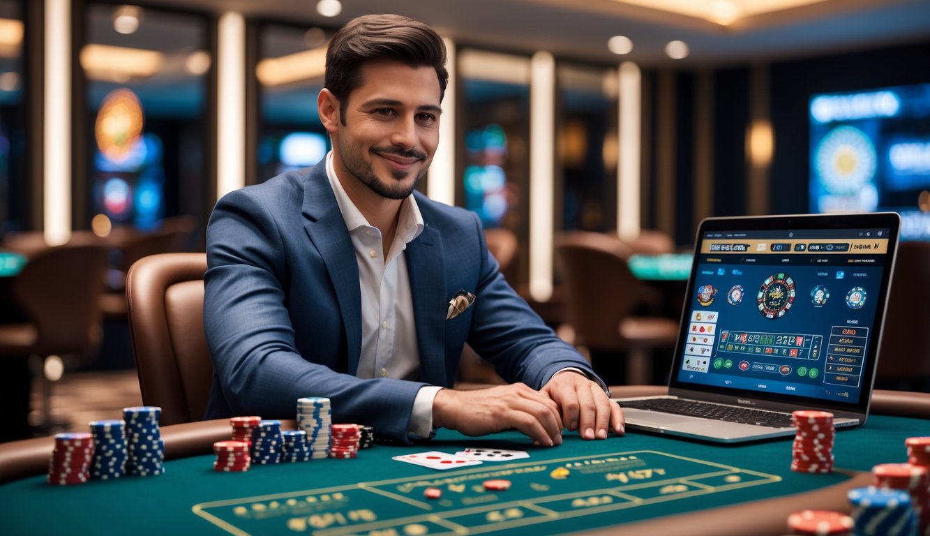 Seorang pria duduk di meja kasino dengan chip poker, kartu, dan laptop yang menampilkan antarmuka kasino online.