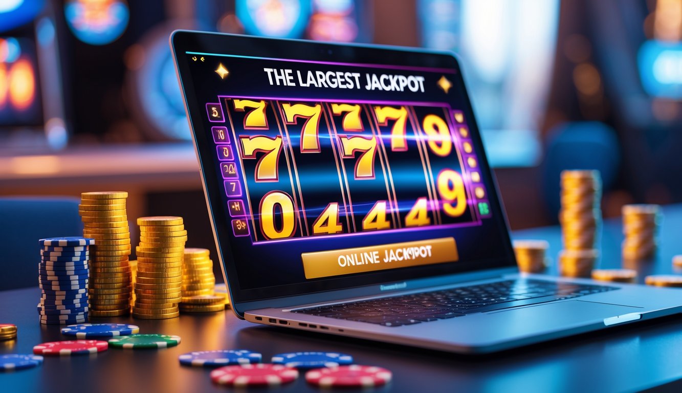 Sebuah layar komputer menampilkan permainan mesin slot online dengan tumpukan chip poker dan koin emas di meja sekitar.