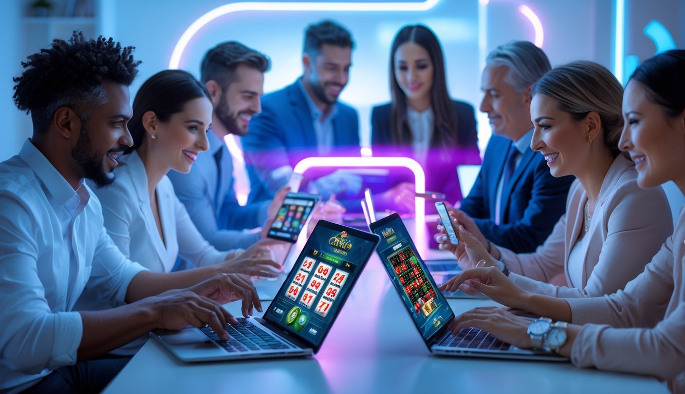 Orang-orang menggunakan perangkat digital untuk bermain permainan kasino online di ruangan modern dengan pencahayaan futuristik.