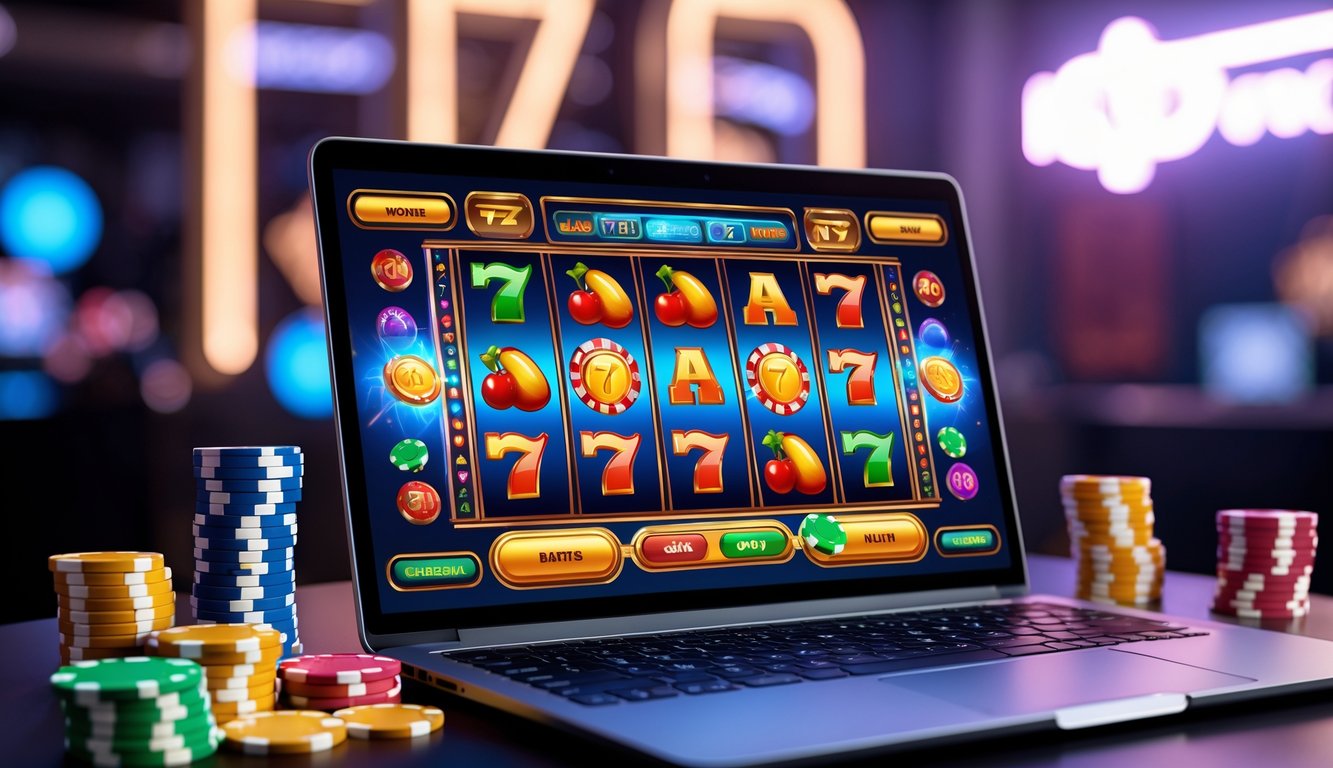 Layar laptop menampilkan permainan slot online dengan simbol warna-warni, dikelilingi chip poker dan kartu remi di meja yang rapi.