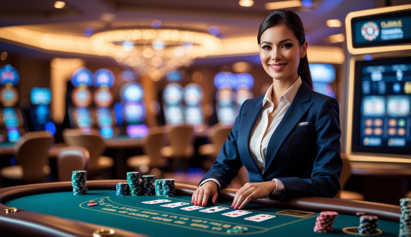 Seorang dealer kasino langsung berdiri di belakang meja kasino dengan kartu dan chip, di latar belakang suasana kasino yang mewah.