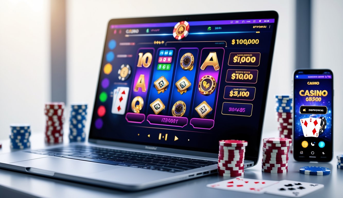 Seorang pengguna sedang bermain kasino online di laptop dengan tampilan mesin slot dan kartu poker di layar.