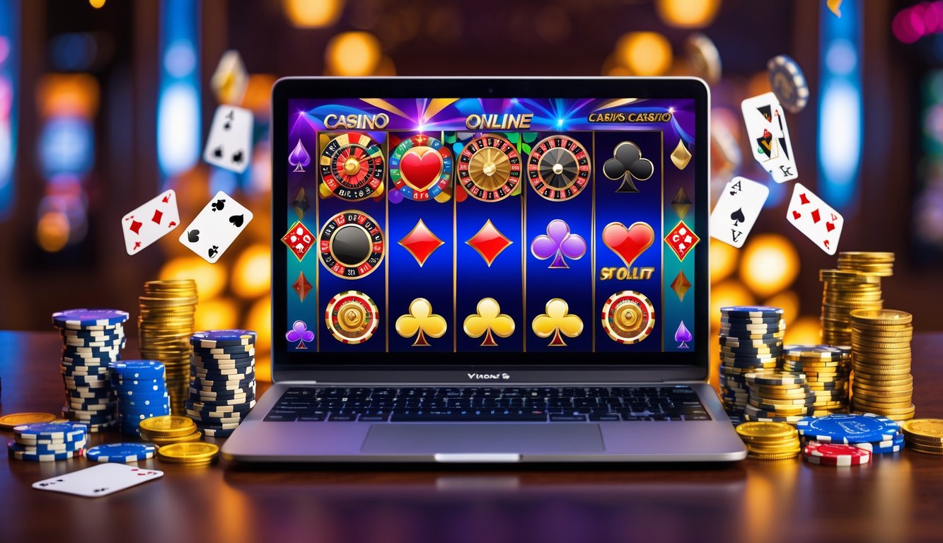 Sebuah laptop menampilkan permainan kasino online dengan chip poker, kartu remi, dadu, dan tumpukan koin emas di atas meja kayu.