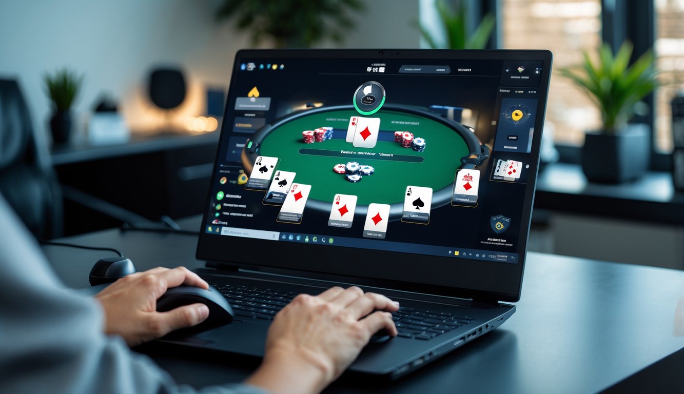Seseorang sedang bermain poker online di depan komputer di ruang kerja yang rapi dan terang.