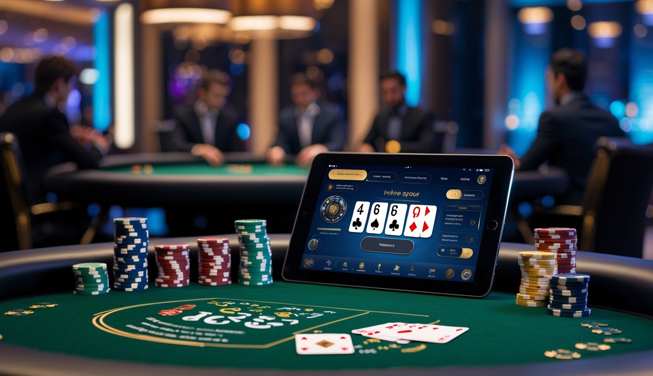 Meja poker modern dengan chip dan kartu, serta tablet digital di latar kasino mewah dengan pencahayaan hangat.