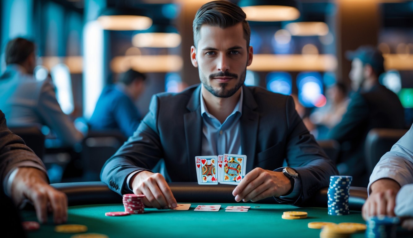 Seorang pria fokus duduk di meja poker dengan kartu dan tumpukan chip di depannya.