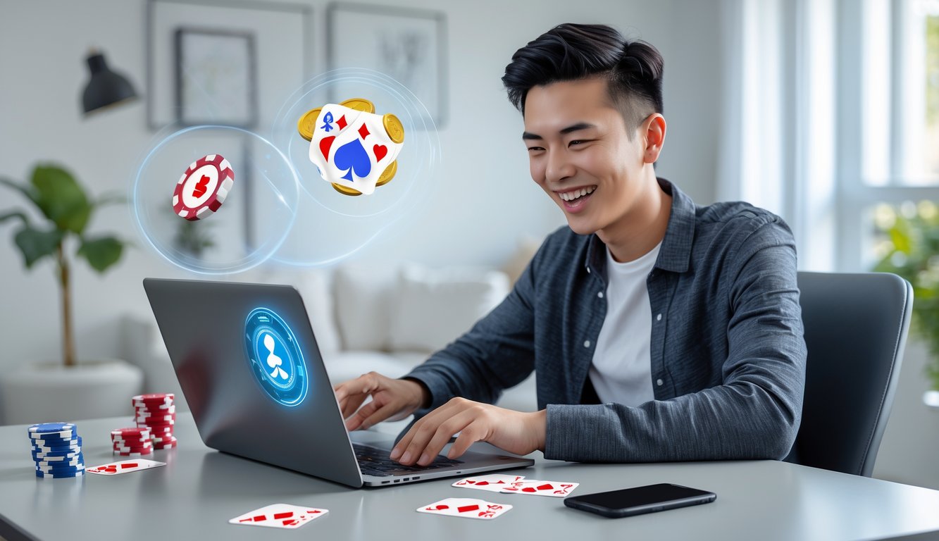 Seorang dewasa muda tersenyum duduk di meja dengan laptop, bermain poker online di ruang tamu yang rapi.