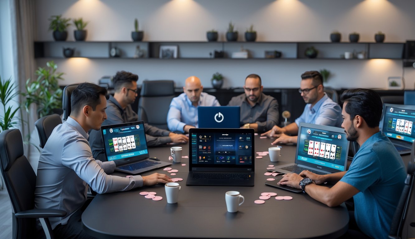 Orang-orang sedang bermain poker online di ruang kerja modern dengan komputer dan perangkat digital.