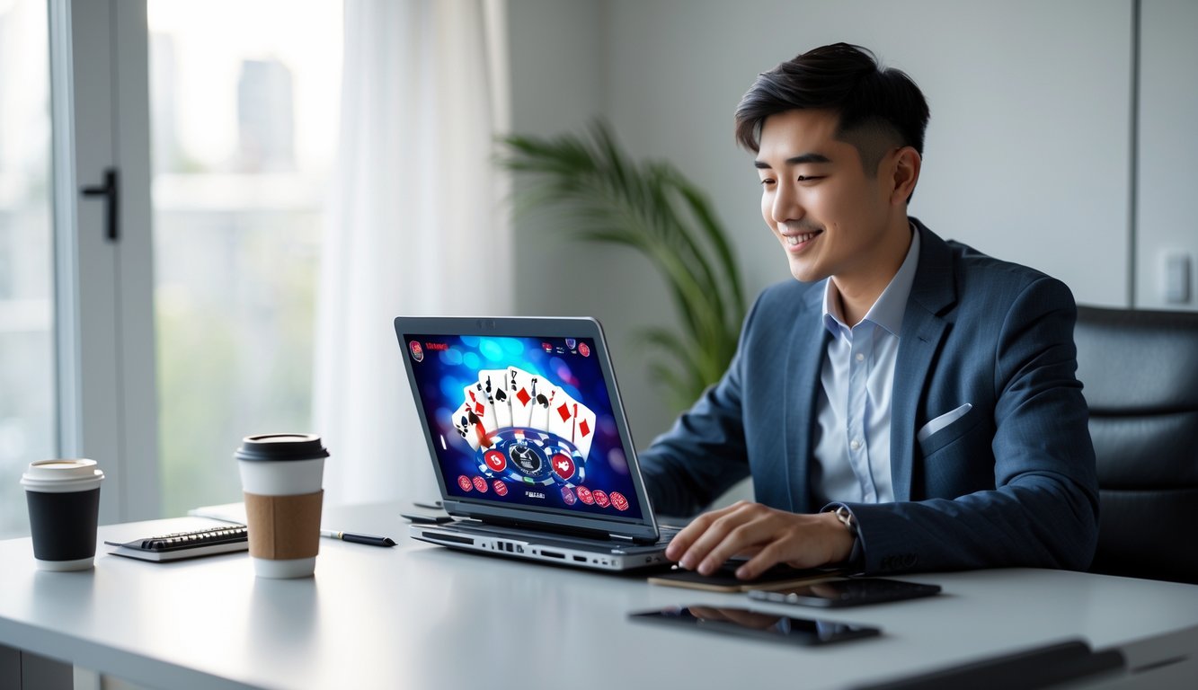 Seseorang duduk di meja kerja menggunakan laptop dengan tampilan permainan poker online di layar.