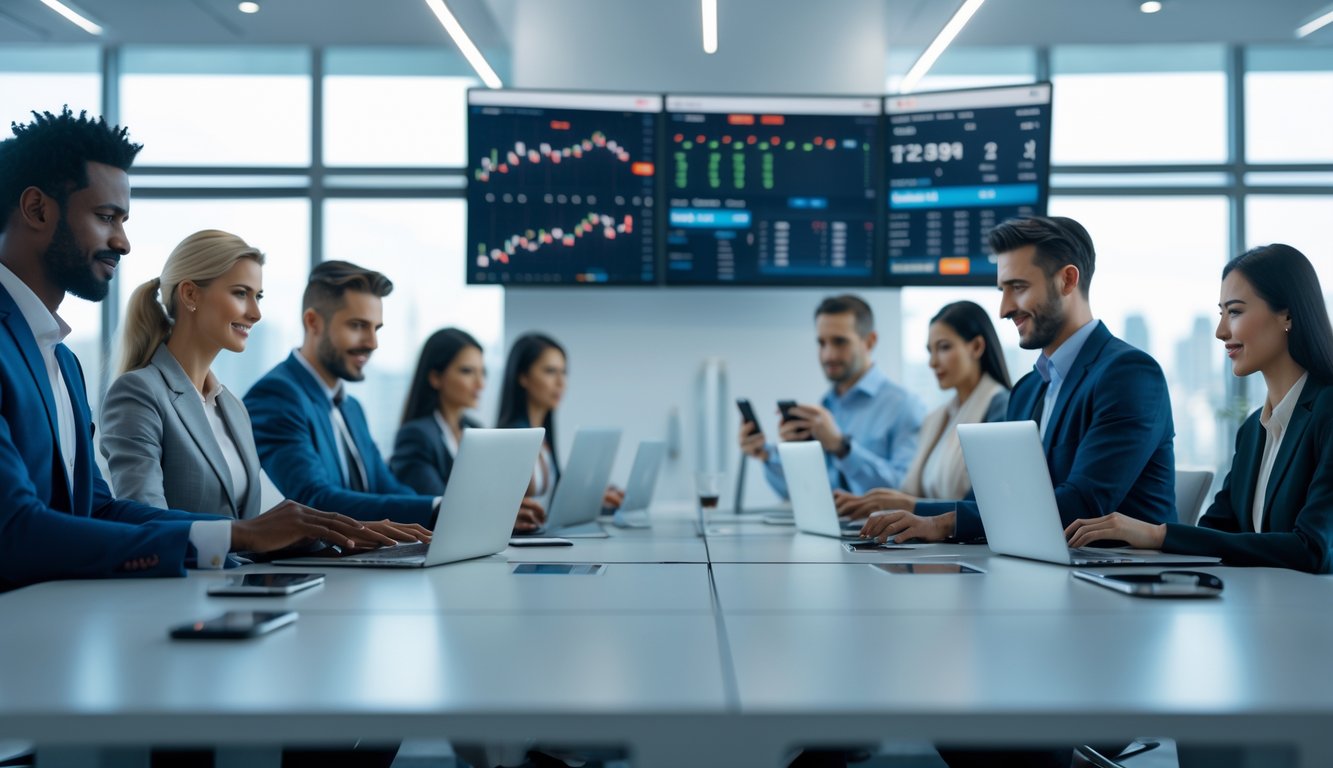 Sekelompok orang menggunakan laptop dan ponsel di ruang kantor modern dengan layar menampilkan grafik dan data taruhan.