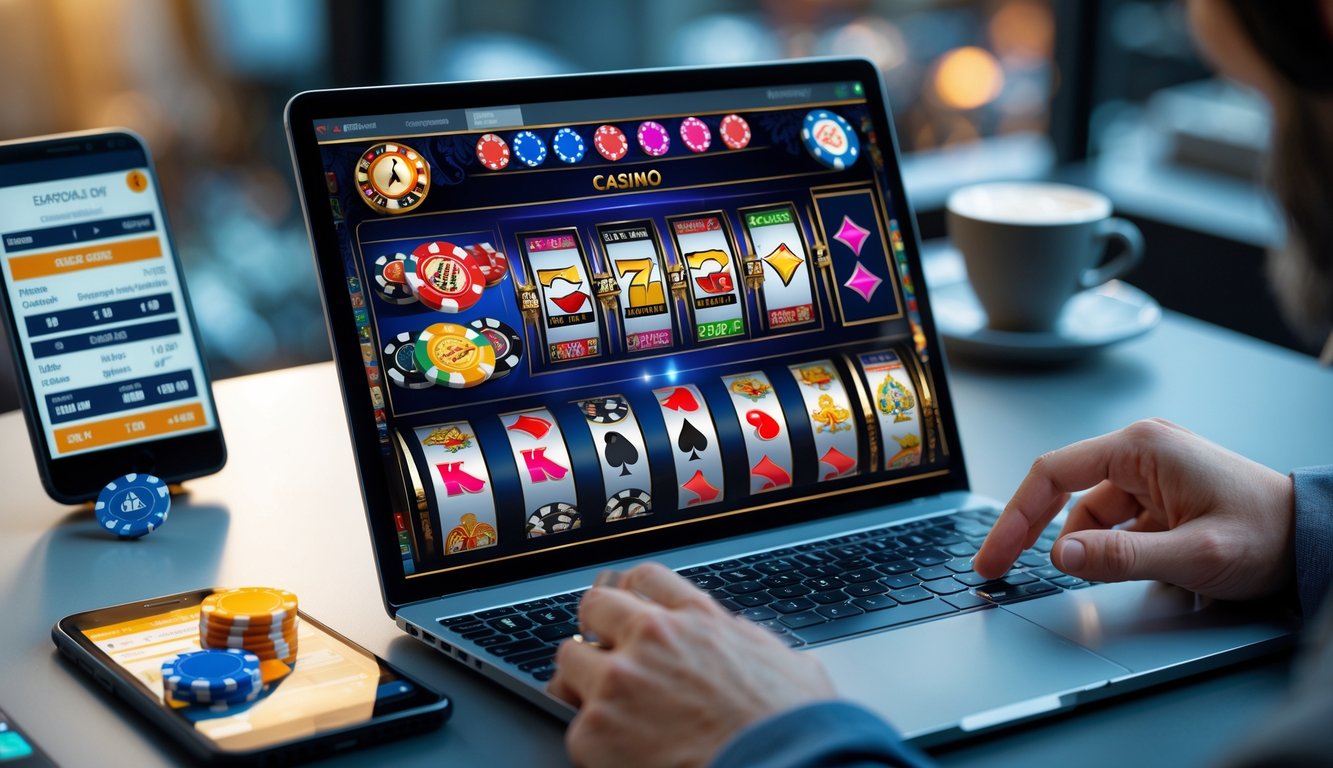 Seseorang menggunakan laptop dengan tampilan permainan judi online di meja kerja.