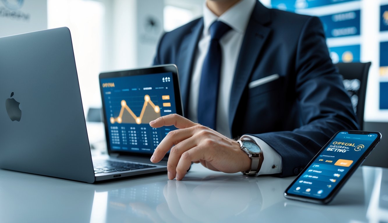 Seorang profesional di kantor modern menggunakan perangkat digital untuk layanan agen taruhan resmi.