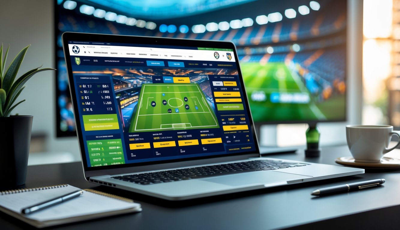 Seorang pria menggunakan laptop dan ponsel untuk memasang taruhan bola online di meja kerja dengan latar belakang stadion sepak bola.