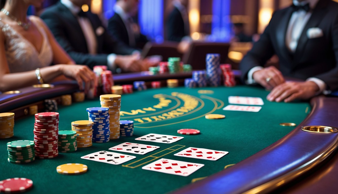 Meja permainan baccarat yang mewah dengan kartu dan chip poker di kasino yang elegan.