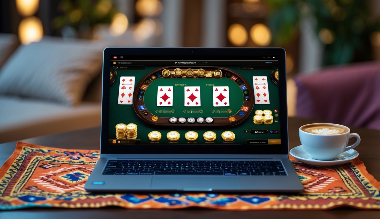Seorang pria menggunakan laptop dengan permainan baccarat online di layar, dikelilingi oleh elemen budaya Indonesia seperti kain batik dan secangkir kopi.