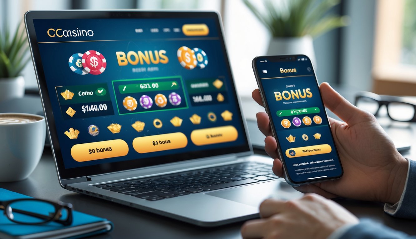 Sebuah meja kerja dengan laptop dan ponsel yang menampilkan aplikasi taruhan online dengan simbol bonus, di sekitar terdapat cangkir kopi dan alat tulis.