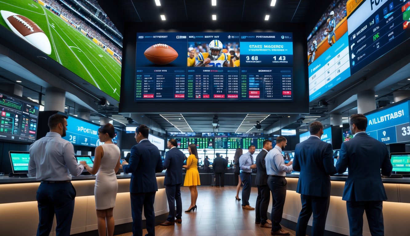 Orang-orang sedang memasang taruhan olahraga di ruang sportsbook dengan layar besar menampilkan berbagai pertandingan olahraga.