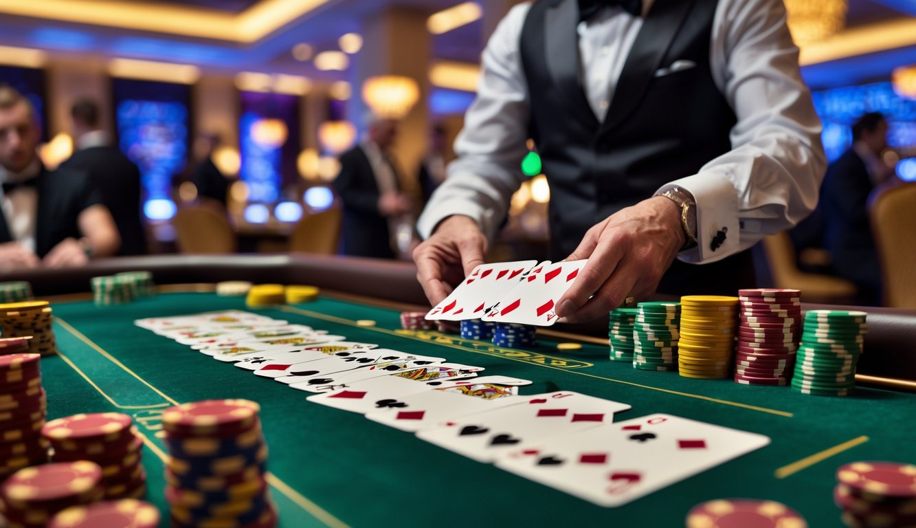 Meja baccarat kasino dengan dealer yang membagikan kartu dan tumpukan chip warna-warni di lingkungan kasino yang elegan.