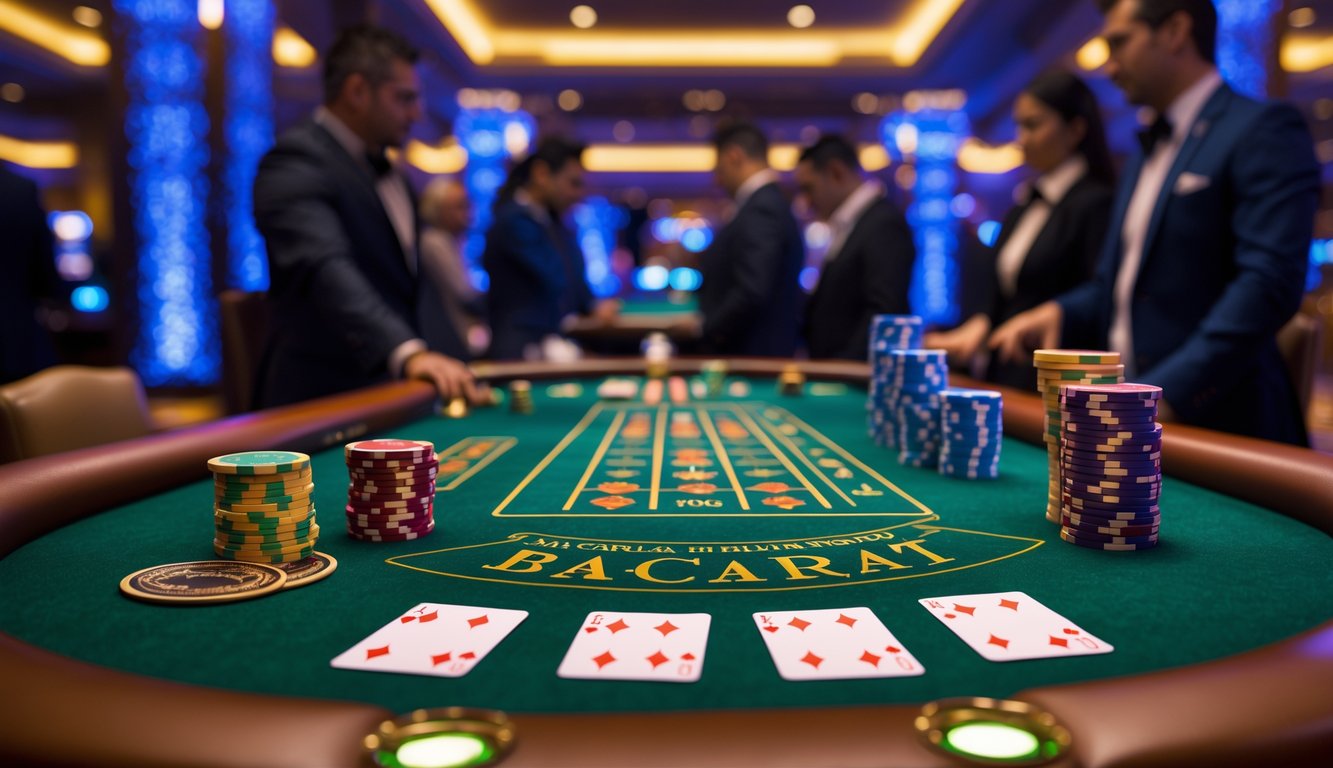 Meja baccarat mewah dengan kartu dan chip poker, dikelilingi pemain yang sedang bermain di kasino.