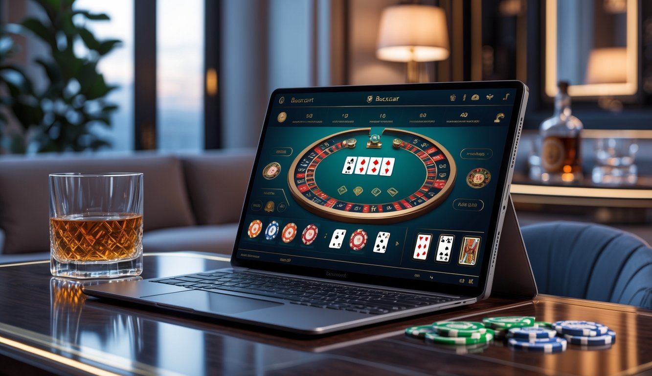 Sebuah laptop modern menampilkan permainan baccarat online dengan kartu dan chip di meja kayu yang mewah.