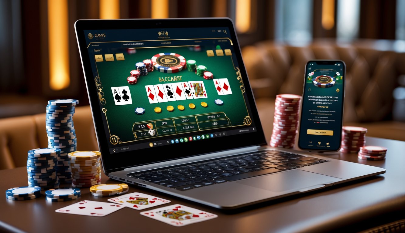 Sebuah meja dengan komputer menampilkan permainan baccarat online, dikelilingi oleh chip kasino dan kartu remi.