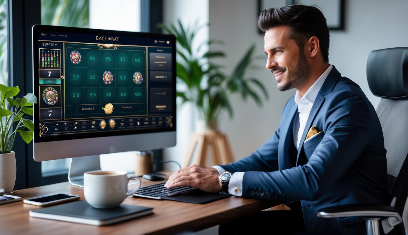 Seseorang duduk di depan komputer dengan tampilan permainan baccarat online di layar, terlihat fokus dan percaya diri dalam suasana ruang kerja yang rapi.