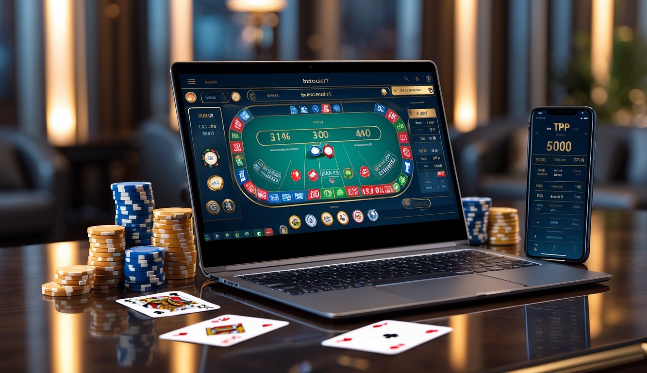 Sebuah laptop modern menampilkan permainan baccarat online dengan kartu dan chip kasino di atas meja kayu yang rapi.
