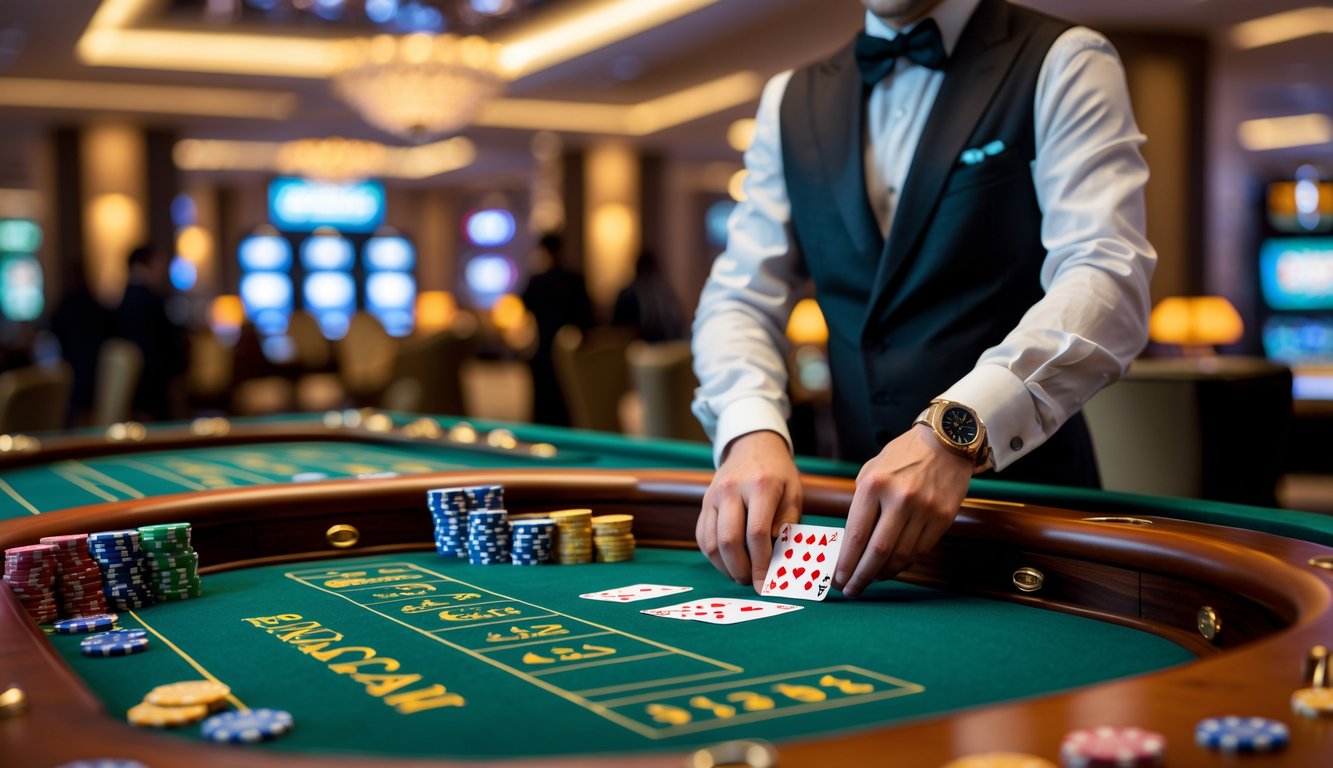 Meja baccarat langsung dengan dealer yang sedang membagikan kartu di kasino mewah.