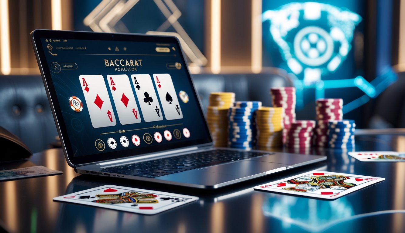 Seorang pemain sedang menggunakan laptop dengan tampilan permainan baccarat online dan tumpukan chip kasino di sekitarnya.