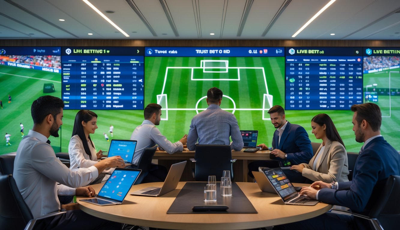 Orang-orang menggunakan perangkat elektronik untuk memasang taruhan pada pertandingan sepak bola dengan layar digital menampilkan statistik dan skor langsung di latar belakang.