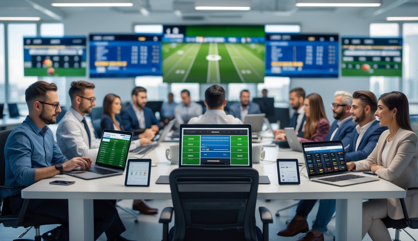 Orang-orang menggunakan perangkat digital di kantor modern dengan layar menampilkan acara olahraga dan taruhan.