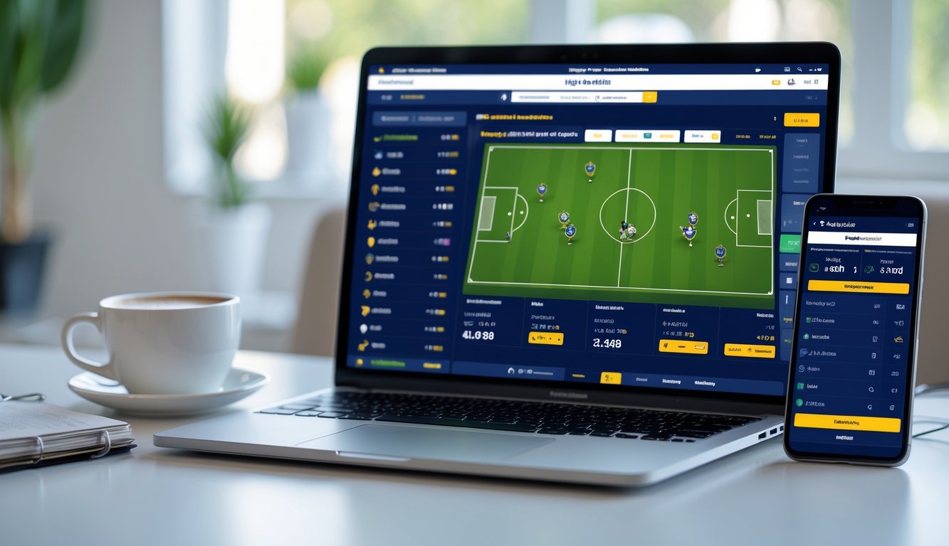 Seseorang menggunakan laptop dan ponsel untuk memasang taruhan bola online di sebuah meja kerja.