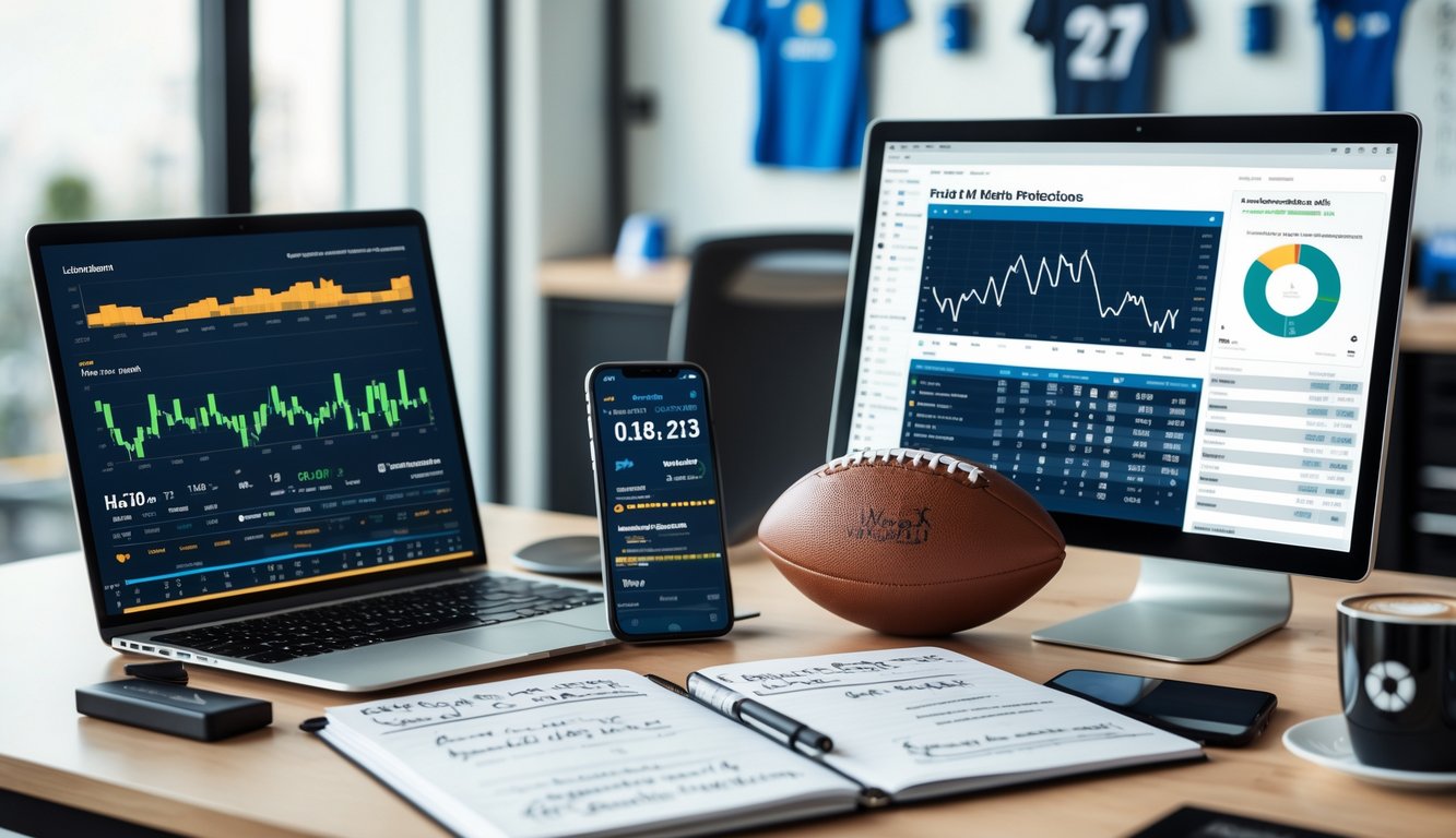 Meja kerja dengan laptop menampilkan statistik sepak bola, ponsel dengan skor langsung, bola kecil, dan catatan strategi di kantor yang terang.