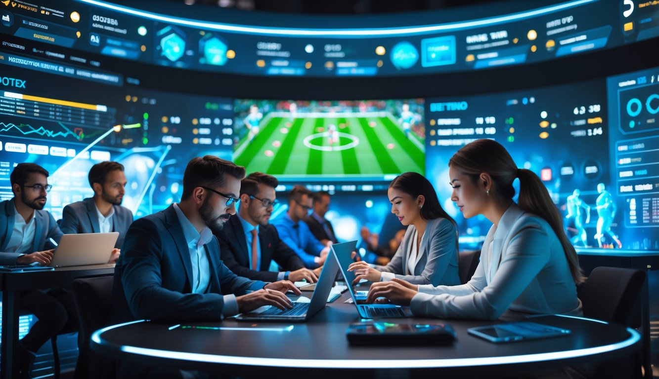 Beberapa orang menggunakan komputer dan ponsel untuk memasang taruhan sepak bola online di ruang kerja modern dengan layar besar menampilkan pertandingan sepak bola dan statistik.