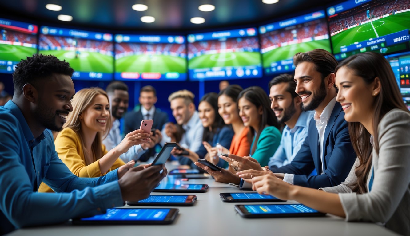 Orang-orang sedang memasang taruhan bola Piala Dunia menggunakan perangkat digital di lingkungan yang penuh semangat dan ramai.