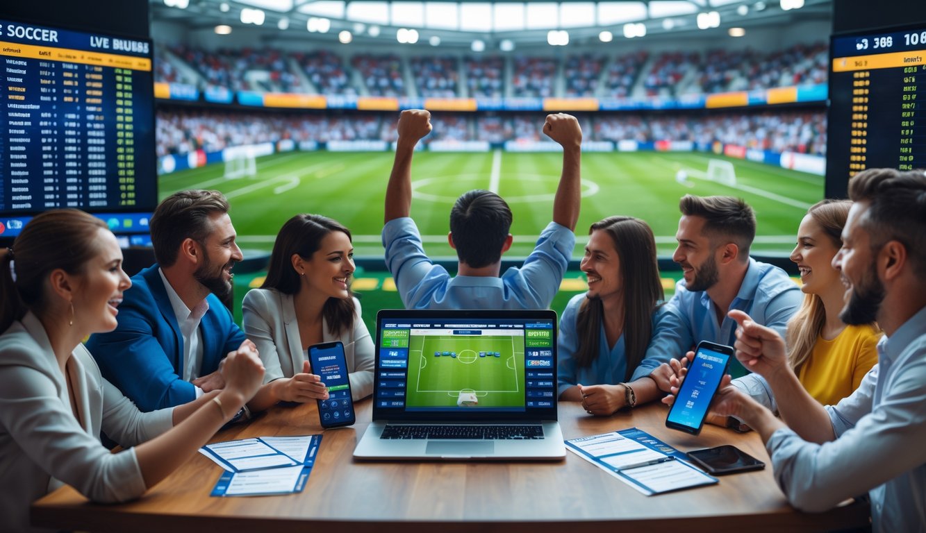 Sekelompok orang antusias mengamati layar digital yang menampilkan statistik dan skor pertandingan sepak bola dalam suasana taruhan olahraga.