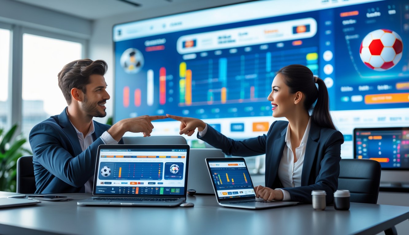 Dua orang profesional duduk di meja kerja dengan perangkat digital yang menampilkan antarmuka taruhan olahraga online, di latar belakang layar besar dengan grafik olahraga.