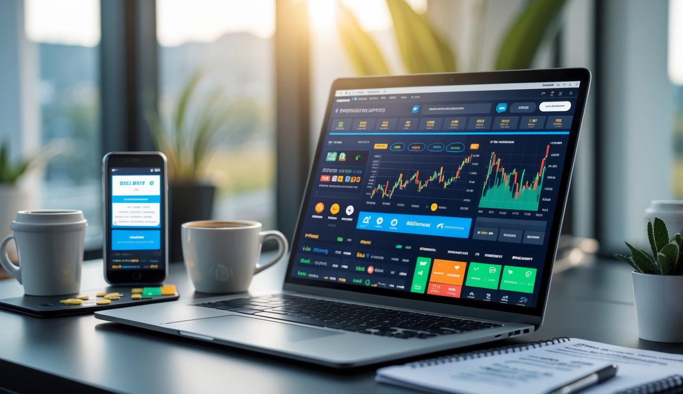 Seorang pria menggunakan laptop di meja kerja dengan tampilan situs taruhan olahraga online yang penuh warna dan grafik, dikelilingi oleh ponsel, kopi, dan catatan strategi.