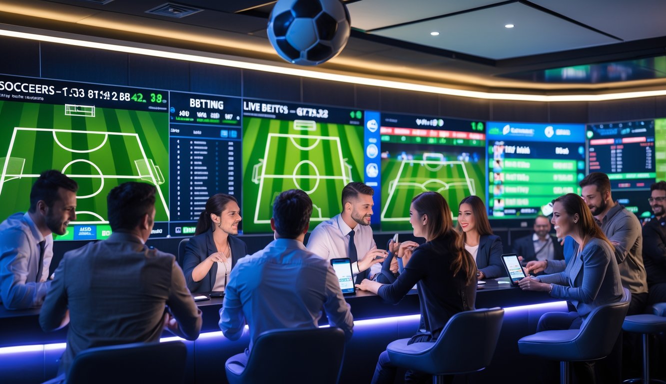 Sekelompok orang sedang memasang taruhan langsung pada pertandingan sepak bola di sebuah ruang taruhan olahraga yang modern.