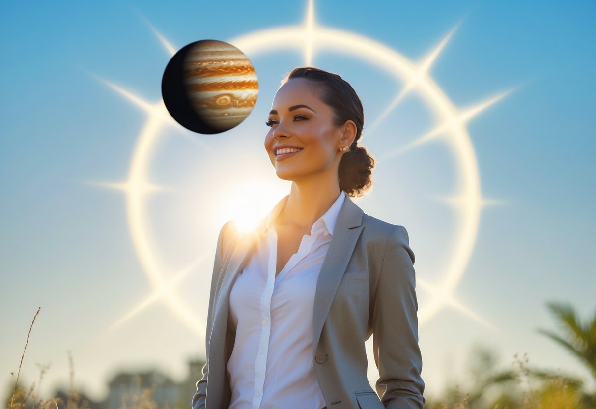 A smiling person standing outdoors with open posture under a clear sky with soft sunlight, conveying confidence and positivity.