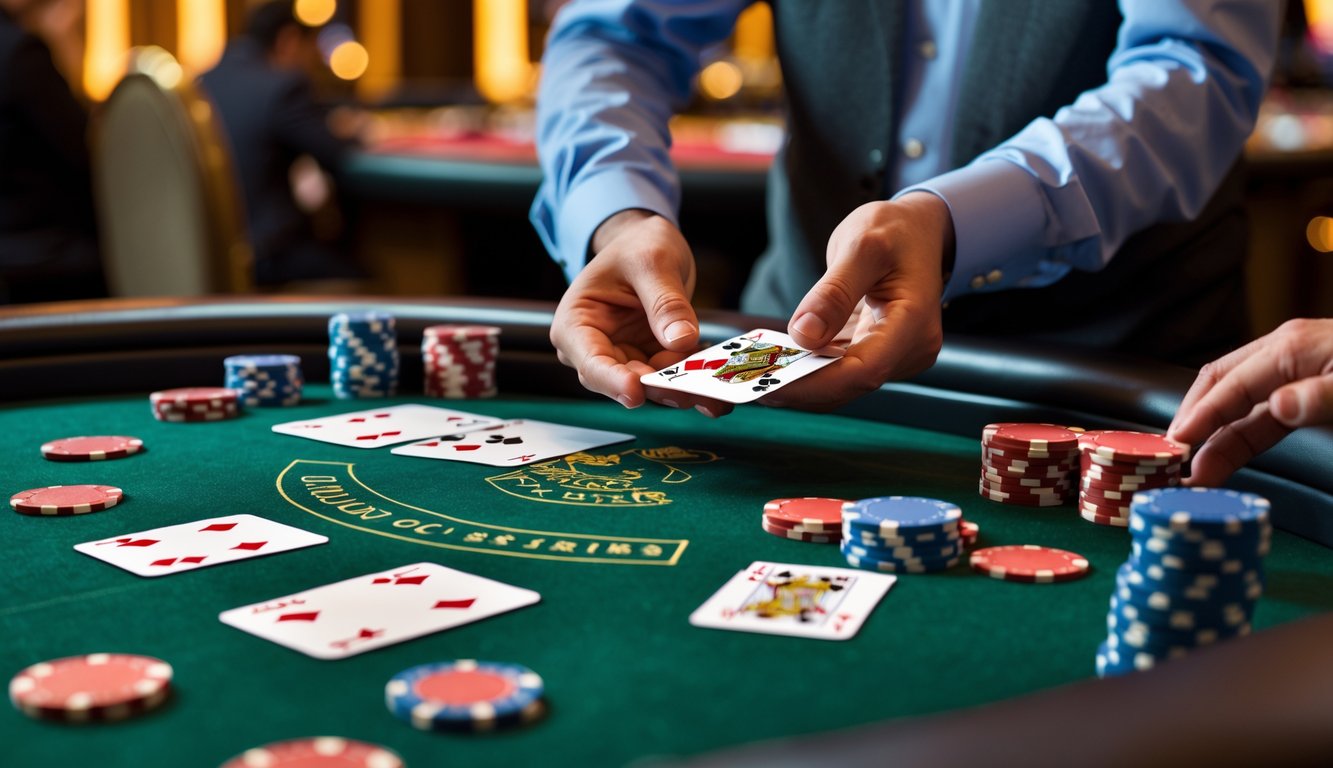 Meja blackjack kasino modern dengan kartu dan chip poker yang tertata rapi, tangan dealer sedang membagikan kartu kepada pemain di sekeliling meja.