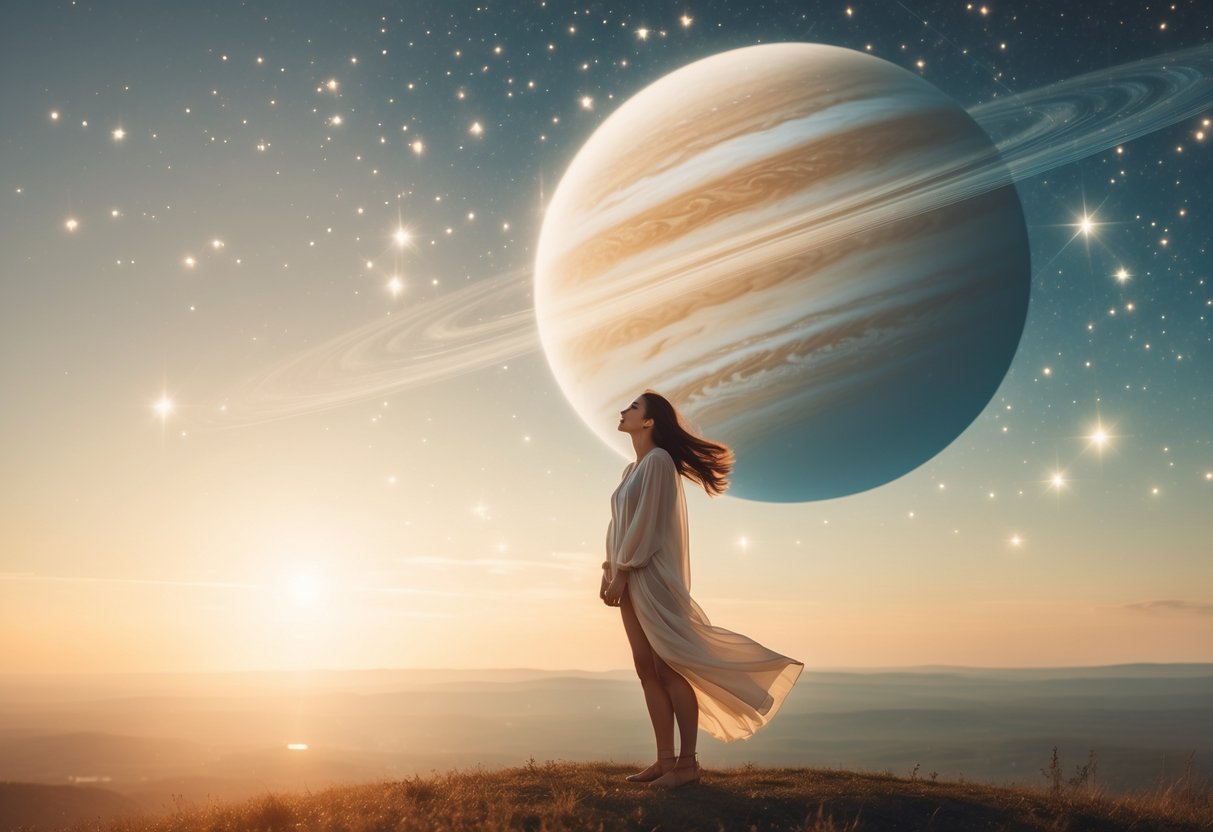 A person standing on a hilltop at sunrise with a glowing planet in the sky behind them, surrounded by a peaceful open landscape.