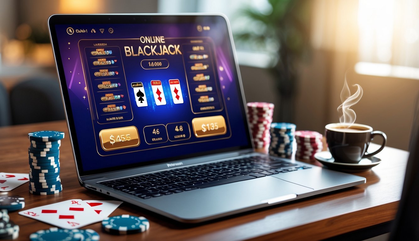 Sebuah meja dengan komputer yang menampilkan permainan blackjack online, dikelilingi oleh chip poker dan kartu remi.